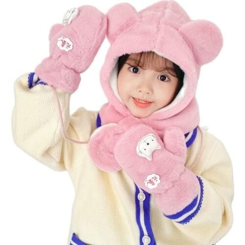New Autumn Winter Girls Hat Scarf Gloves Set Cotton Baby Ear Caps Boys Girls Hooded Hat Scarf Warm Thick Velvet Baby Hat Scarf