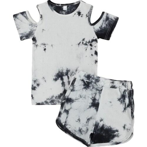 Pudcoco 18M-6T 2Pcs Tracksuit Toddler Kids Tie Dye Print Hollow Out O-Neck T-Shirt Tops+Short Pants Clothes Set Outfit Sleepwear
