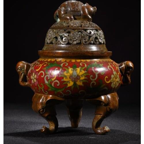 Tibet Temple Collection Old Bronze Cloisonne Enamel Elephant statue Peaceful Three-legged incense burner Ornaments Town House