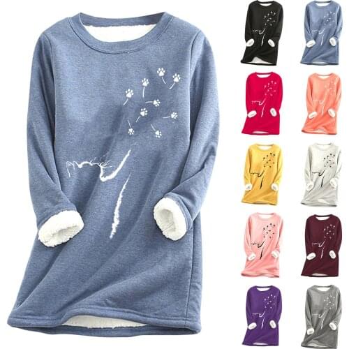 40#Winter Women Long Cartoon Cat Printing Hoodie Thick Fleece Sweatshirt Velvet Warm O-neck Keep Warmer Tops Ladies Clothing
