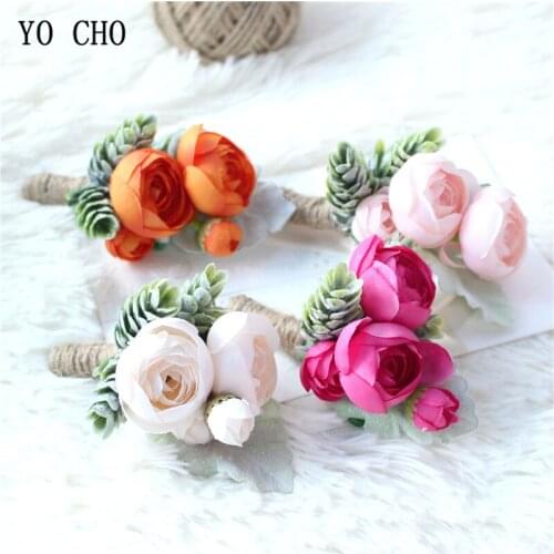 YO CHO Wrist Corsage Rose Bud Hand Flower Man Boutonniere Artificial Tea Rose Silk Wrist Bracelet Bridesmaid Wedding Prom Brooch