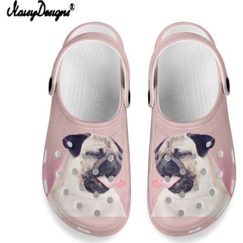 NOISYDESIGNS 2021 Funny Pug Dog Printed Sandals Womens Summer Non-slip Hole Shoes New Clogs EVA Garden Mules Beach Flat Slippers