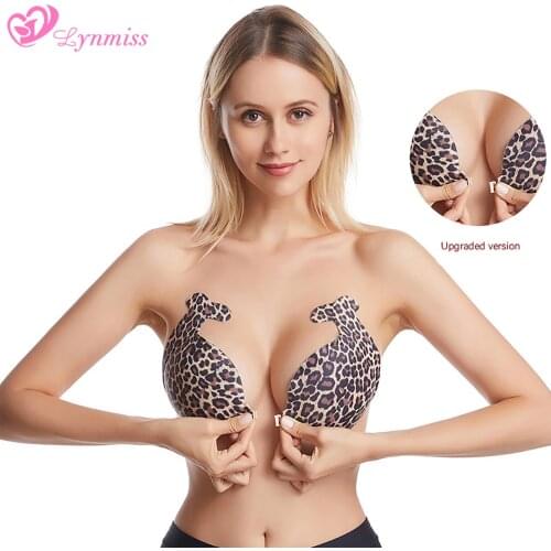 Women Invisible Bra Leopard Push Up Bra Breathable Silicone Bra Dolphin-Shaped Front Buckle Gathered Pull Up Chest Sticker