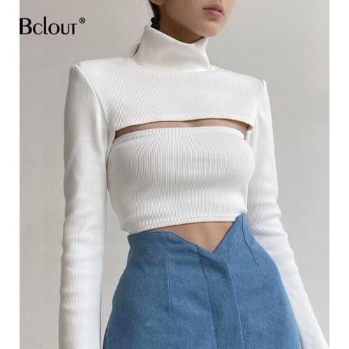 Bclout Sexy Stand Collar Hollow Out Crop Tops For Women Solid Patch-Work Elastic Tops Woman Autumn Long Sleeve Slim T-Shirt 2021