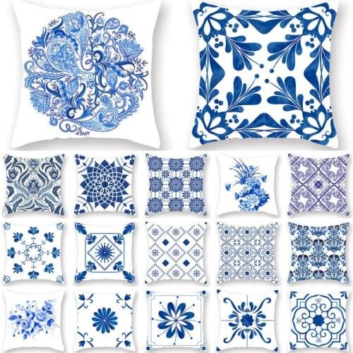 1Pcs Blue Geometric Mandala Pattern Pillow Case Polyester Throw Pillow Home Sofa Bed Car Decoration Cushion Cover 45*45cm 40818