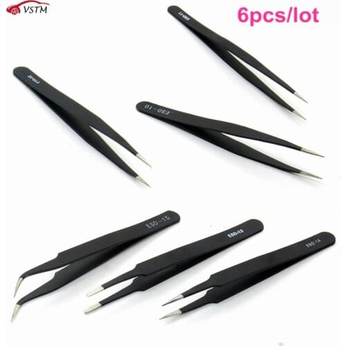 6pcs/Lot Flat Head Precision Electronic Components Stainless Steel Anti-static Tweezers Maintenance Repair Tool Kits Tweezer Set