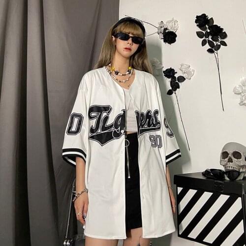 Baseball Shirt Women and Men Hippe Vintage Oversize Hip Hop Streetwear Korean Style Short Half Sleeve Button Up Blouse