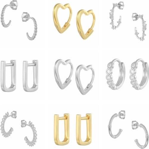 GS 925 Sterling Silver Heart Shape Hoop Earrings For Women Gift Geometric Rectangle U Half Circle Zircon Huggie Earrings Jewel