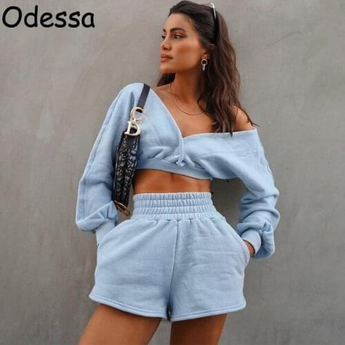 Odessa 2021 Women Shorts Sets Sexy Off Shoulder Long Sleeve Ring Decor Crop Top Casual Tracksuit Two Piece Set Winter Fall Suit