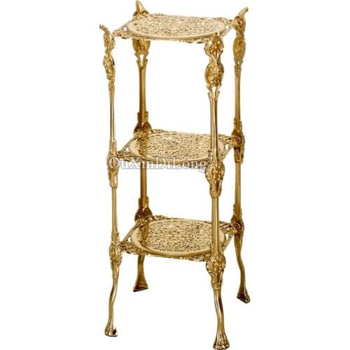 1PCS Brass Hollow Carved Storage Rack Bedside Small Table Retro Luxury Floor Bookshelf Copper Flower Stand Home Decoratio GF437
