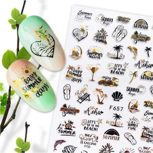10Pcs Laser Gold Black Nail Slider Summer Leaf Love Nail Art Sticker Bird Star Line Letter Fish Nail Art Decal Decoration