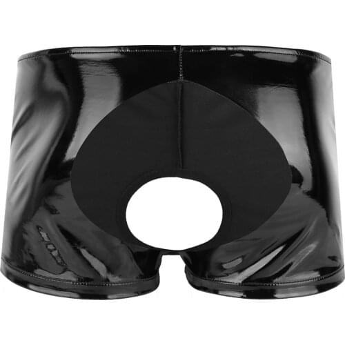 Mens Lingerie Underpants Low-rise Elastic Waistband Crotchless Shorts Shiny Soft Patent Leather Front Hole Open Butt Underwear