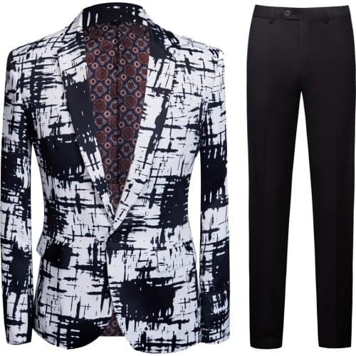Mens Black and White Splash Printed Suit Men Slim Fit Suit Set Blazers Singer Costume Casual Night Party Bar Suit