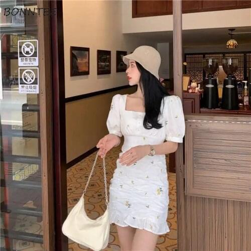 Short Puff Sleeve Dress Women French Tunic Square Collar Mini Trumpet Flower Sweet Girlish Casual Design Summer White Vintage
