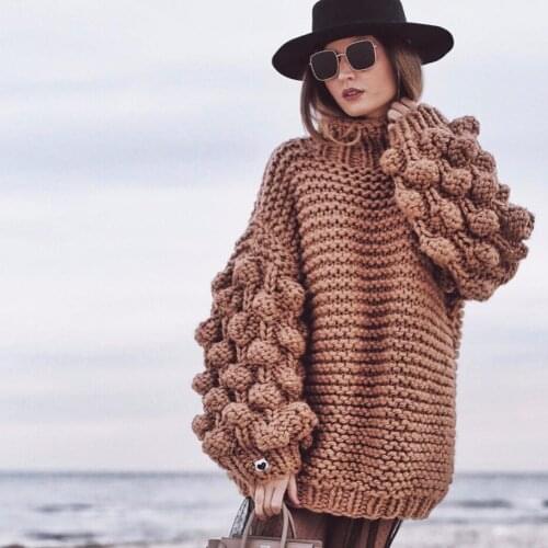 Casual Boho Punk Turtleneck Baggy Oversized Sweater Lantern Sleeve Polyester Thick Warm Winter Knitted Pullovers Women Knitwear