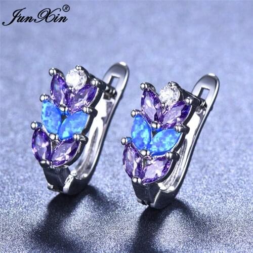 Cute Female Purple Leaf Hoop Earrings Boho Fashion White Blue Fire Opal Earrings For Women Silver Color Wedding Jewelry