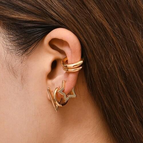 New Fashion Small Triangle Star Hoop Earrings Female Vintage Geometric Heart Huggies No Piercing Cartilage Earrings Brincos