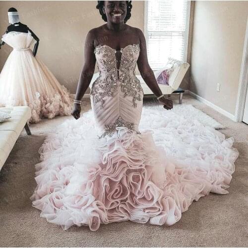 African Plus Size Mermaid Wedding Dresses Beads Appliqued Tiered Ruffle Trumpet Bridal Gowns Custom Made Wedding Dresses