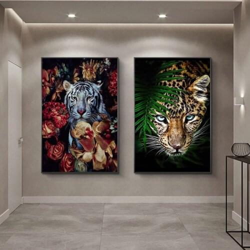 Tiger And Leopard Hiding In Flower Canvas Painting Posters and Prints Wall Art Pictures for Living Room Home Decoration Cuadros