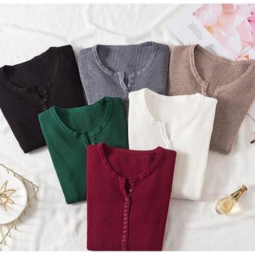 Women Long Sleeve Autumn Winter V Neck Button up Stretchable Pullover Korean Sweater Femme Jersey Knitted Pull Jumper Clothes