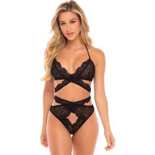New Women Ladies Lace Nightwear See-Through Lingerie Flouncing Hollow Bandage Neck-Hanging Lace-up Bodysuits Black Red White