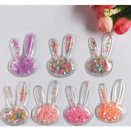 14pcs/lot 4*6cm Transparent Rabbit Head with shiny star Flowing Patches Appliques for DIY Children Hair Clip Accessories