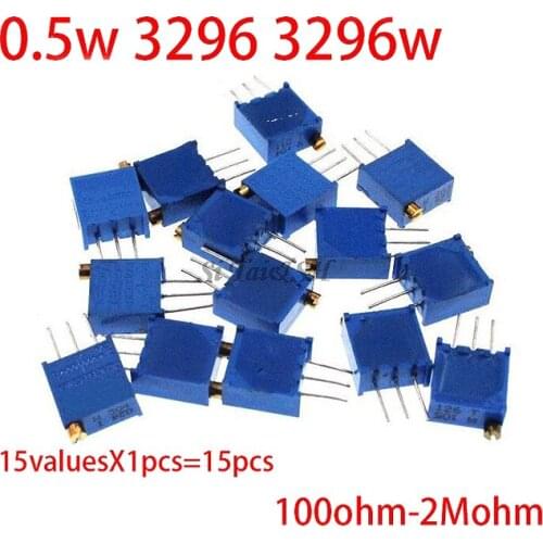 15valuesX1pcs=15pcs 100ohm-2Mohm 0.5w 3296 3296w Variable Resistors MultiTurn trimmer adjustable precision Potentiometer kit