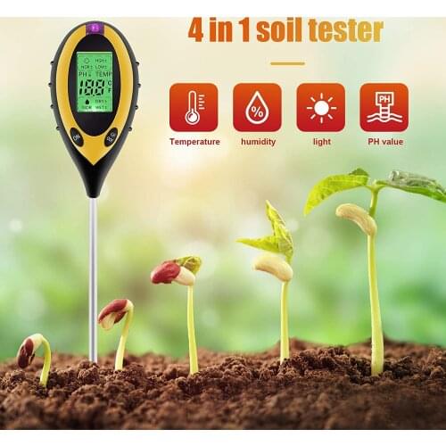 4-in-1 Digital Soil pH Meter Moisture Meter PH Levels Temperature Sunlight Intensity Humidity Tester Large Backlit LCD Display