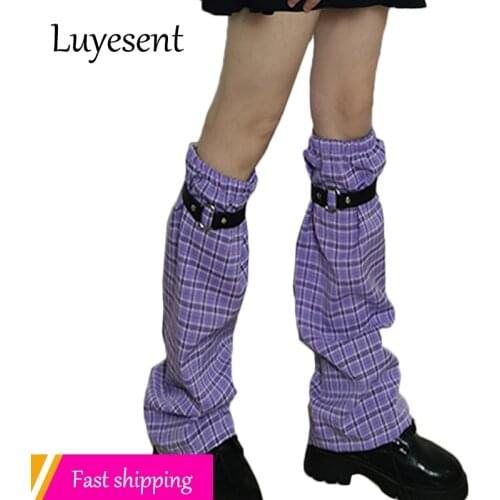 Lolita Plaid Girl Leg Warmer Japanese Y2k Lady Kawaii Pu Strap Korean Fashion Foot Covers Purple Pink Blue Harajuku Long Socks