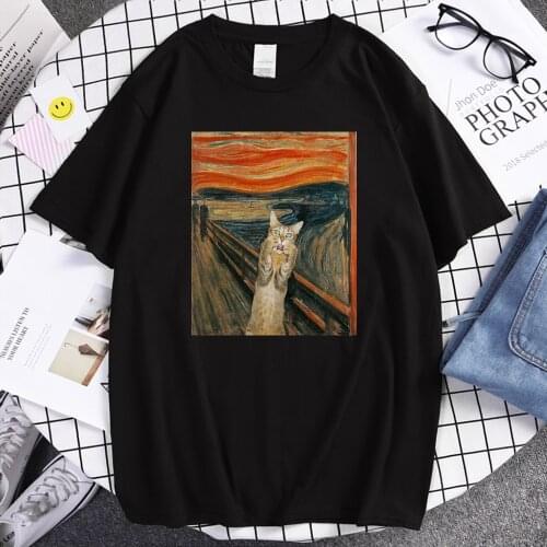 The Scream Art Style Retort Cat Prints Man T-shirtimplicity Soft Clothes Harajuku Oversized T-shirt Crew Neck Cool Men T shirt