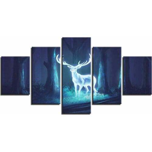 5 Pcs Canvas Pictures Print Wall Art Canvas Paintings Wall Decor for Living Room Light Deer in Forest at Night Poster No Framed