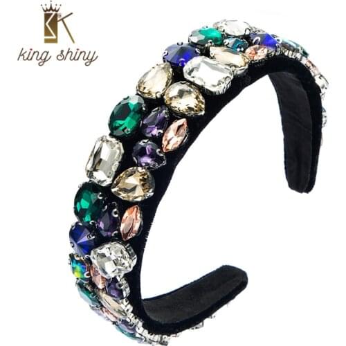 King Shiny Luxury Baroque Multi Color Crystal Headband Vintage Geometric Gem Diamond Hairband Girls Hair Accessories Tiara Bezel