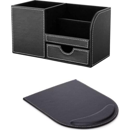 1 Set PU Leather Multi-Function Desk Stationery Organizer Storage Box Pen, Phone, Business Name Cards Holder + Mouse Pad