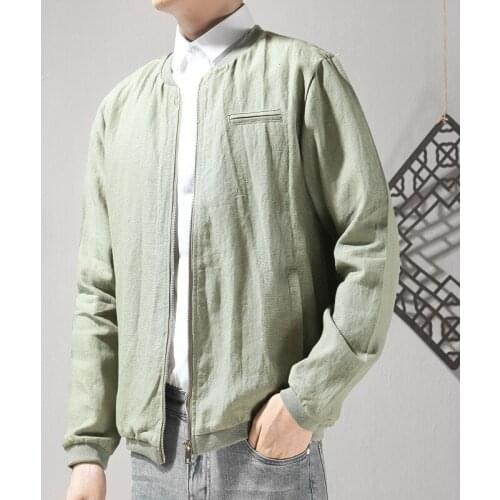 A201 Autumn Men Linen Jacket Casual Loose Luxury Sport Outdoor All-Match Youth Handsome Zipper Fly Long Sleeve Stand Collar Coat
