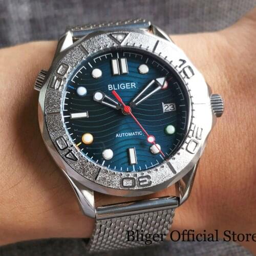 BLIGER Fashion NH35A Blue Surfing Dial Wristwatch Men Steel Case Mesh Bracelet Green Luminous Marks Unidirectional Bezel Ring