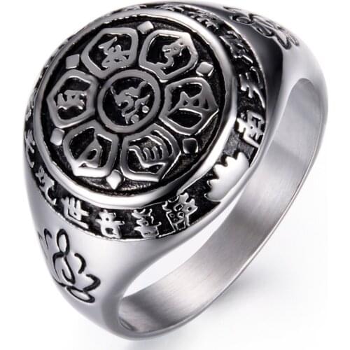 Shenghuo Stainless Steel Six Character True Words Lotus Sanskrit Guanyin Mantra For Men And Women Ring