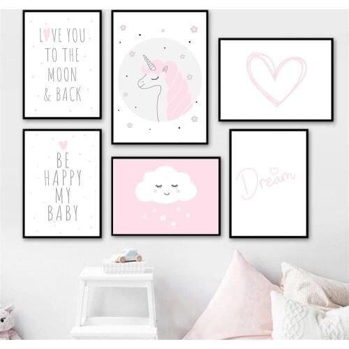 Deram Heart Cloud Wall Painting Pink Unicorn Canvas Posters Nursery Wall Art Print Quotes Poster Pictures Kids Baby Room Decor