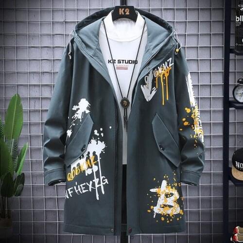 New Korean Mens Windbreaker Jackets Men Long Trench Coat Printed Cardigan Casual Hooded Coats Male 3 Color M-3XL