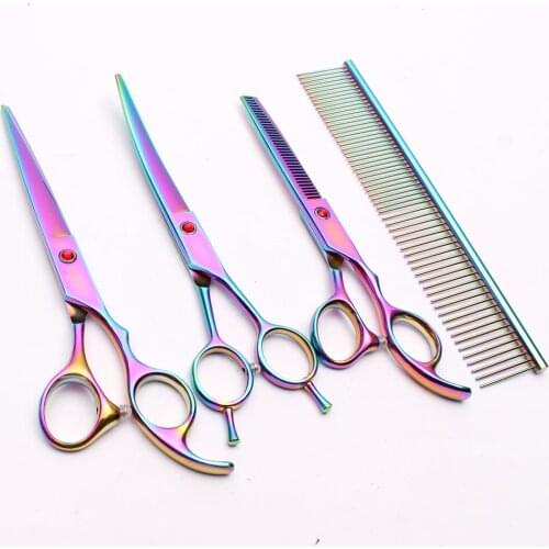 4Pcs Suit 7 inch 19.5cm Japan Professional Pets Hair Hairdressing Scissors Comb + Cutting Shears + Thinning +UP Curved Shears