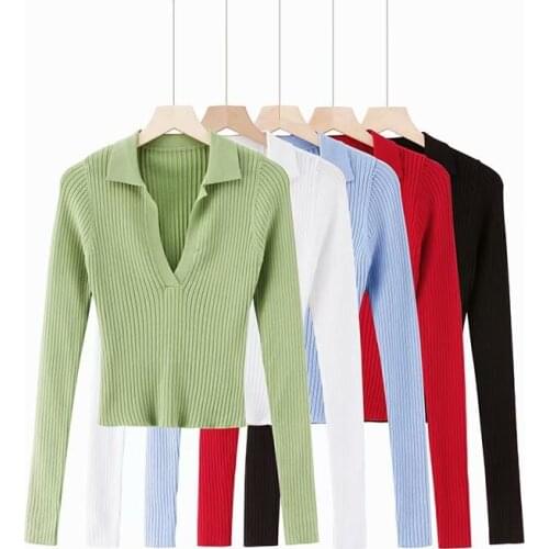 Autumn New Women Fashion Long-Sleeve Deep V-neck Sweaters Elastic Knitted Crop Tops