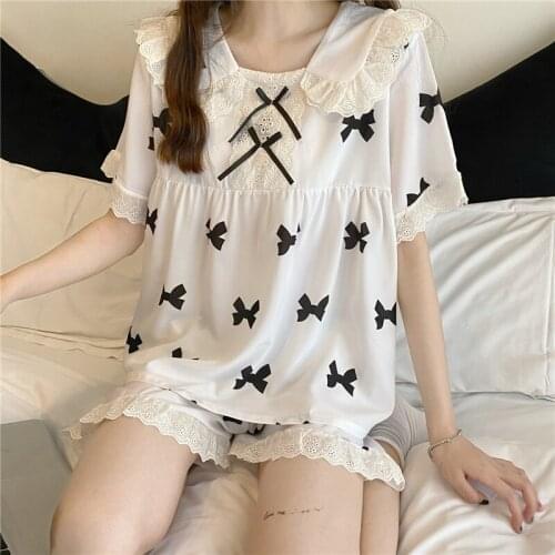 Womens White Pajamas Sets For Summer Princess Sweet Soft Satin Silk Home Sleeping Suit Female Cute Palace Lace Loose-fit Pajama