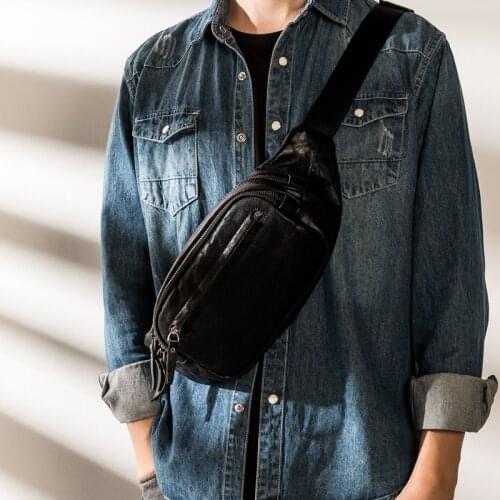 Simple casual luxury natural real leather men black chest bag summer outdoor sports lightweight single shoulder messenger bag