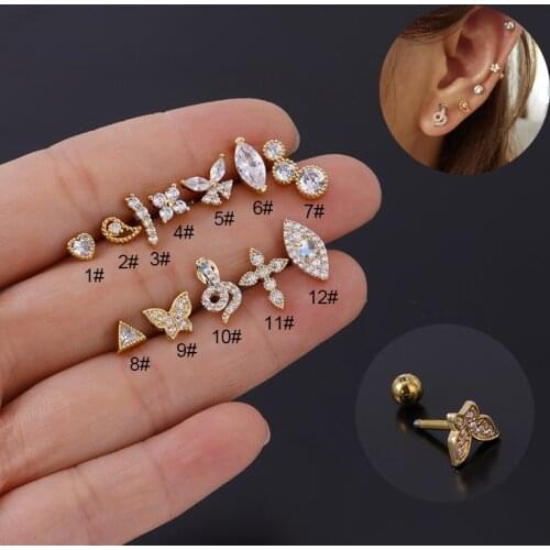 1 PCS Cute Small Micro Pave CZ Butterfly Heart Ear Cartilage Stud Cuff Earring Zircon Copper Steel Helix Bar Ball Ear Jewelry