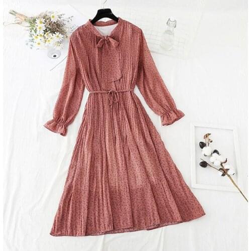 Spring Chiffon Floral Dress Women Vintage Long Sleeve Female Pleated Midi Dress Elegant Sashes Party Vestidos Femme 2021