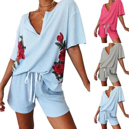 Women V Neck T-shirt Drawstring Shorts Floral Print Ribbed Sleepwear Pajamas Set одежда для женщин лето Women Pajamas Sets