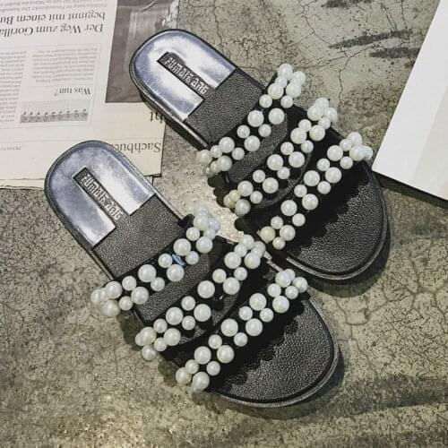 2020 Home Pearl Slippers Womens Crystal String Beaded Ladies Fahion Outdoor Flats Bottom Beach Sandals Elegant Shoes Household