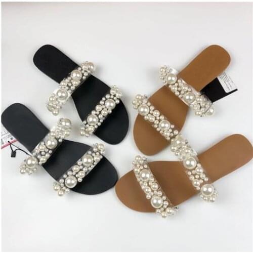 2020 new arrival summer women pearl flat slippers transparent outside slippers brown slides casuals beach slippers size 40-42