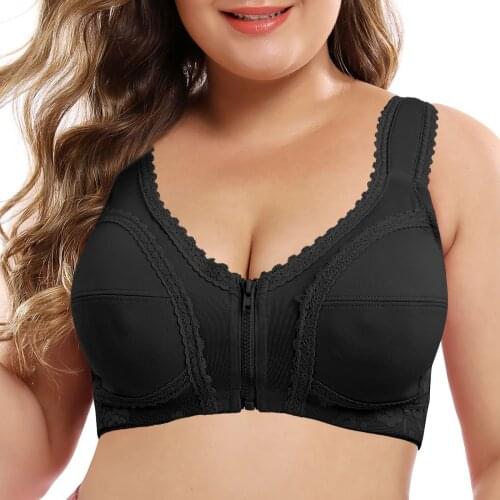 YANDW Plus Size Womens Bras Transparent Back Lace Bralette Floral Underwear Wireless Unpadded Zippers Front Full Cup Bra Sexy