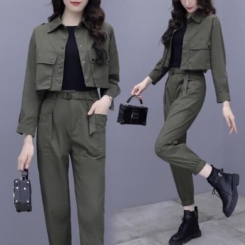 Women 2021 Spring Autumn Tracksuit 2 Piece Set Outfits Female Crop Short Jacket + Slim Pants 2 Pcs Sets Casual Streetwear Suit