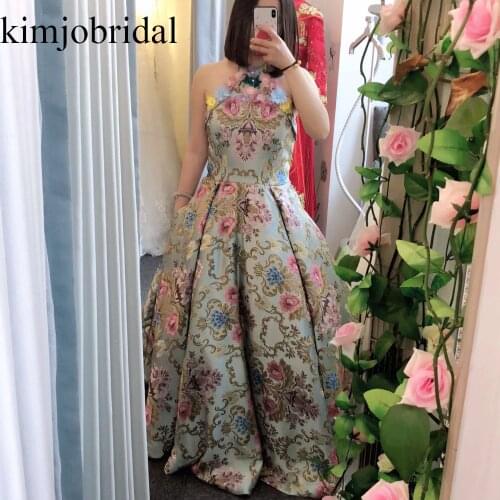 Gala Jurken Luxury Ball Gown Prom Dresses 2019 Halter Embrodiery Elegant 3D Flowers Blue Prom Gown 2020 Vestidos De Gala